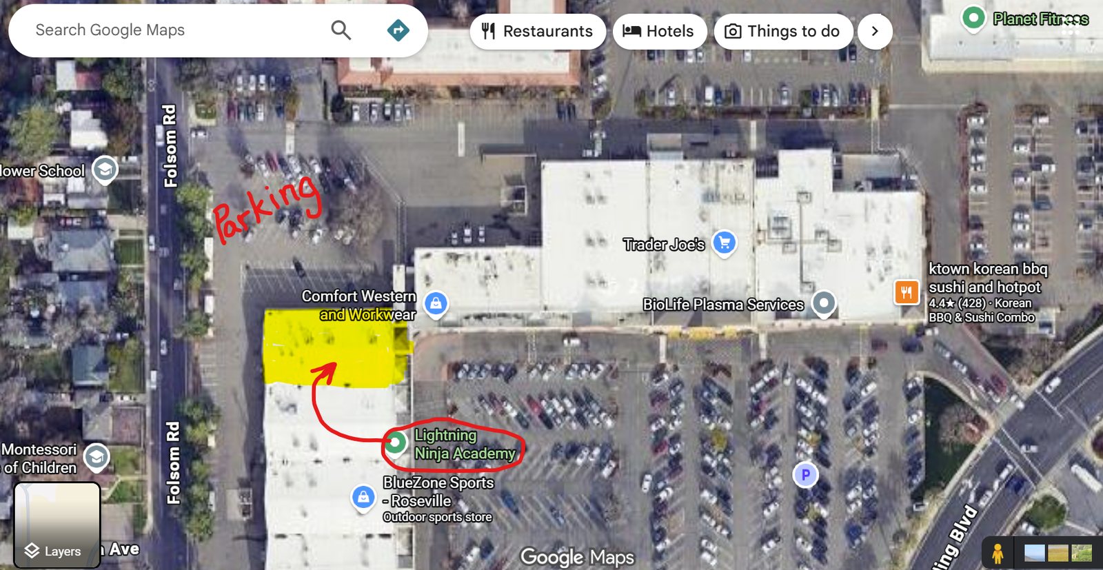 Parking map showing the rear lot and breezeway entrance to Lightning Ninja Academy at Roseville Square