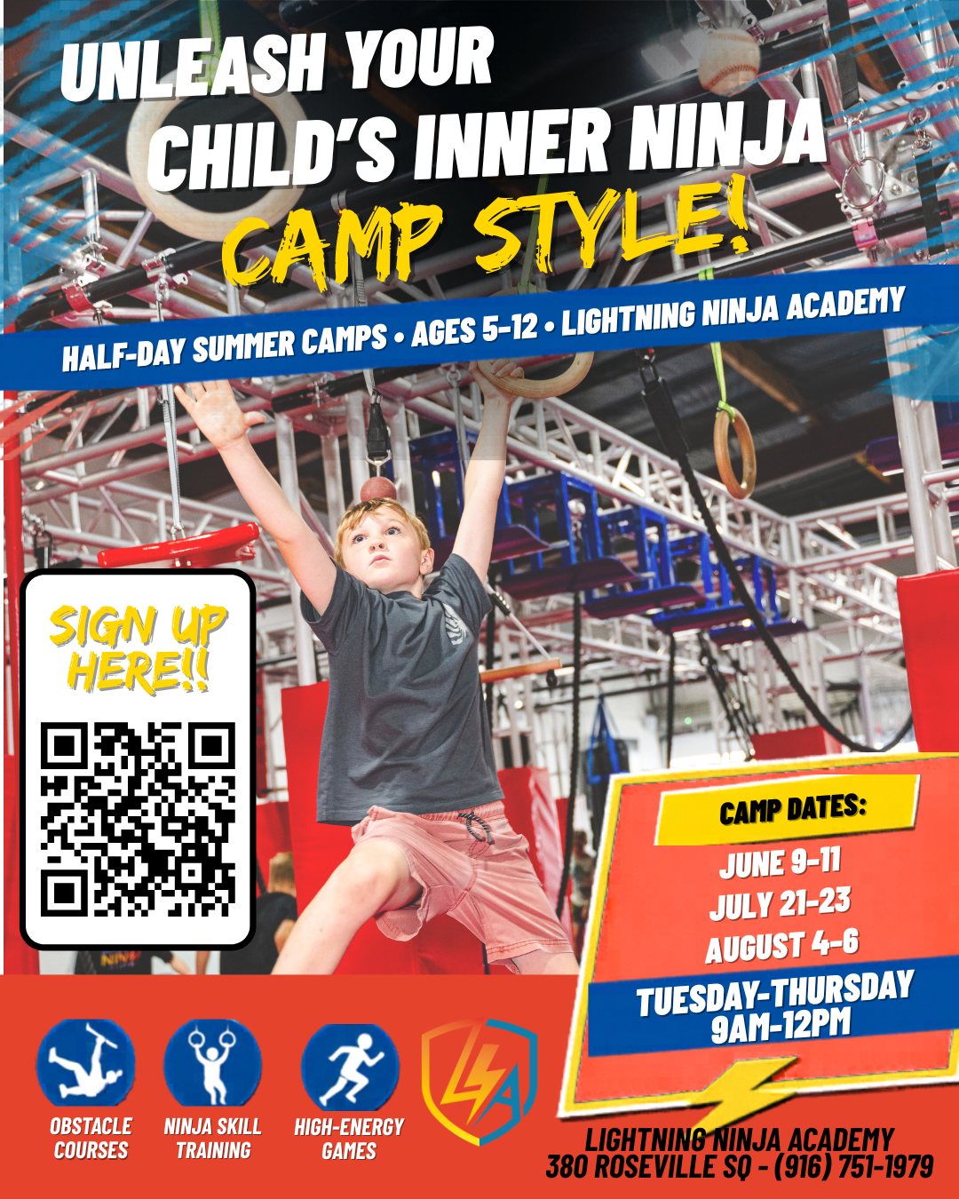 Lightning Ninja Academy events graphic listing camps, competitions, field trips and special events in Roseville